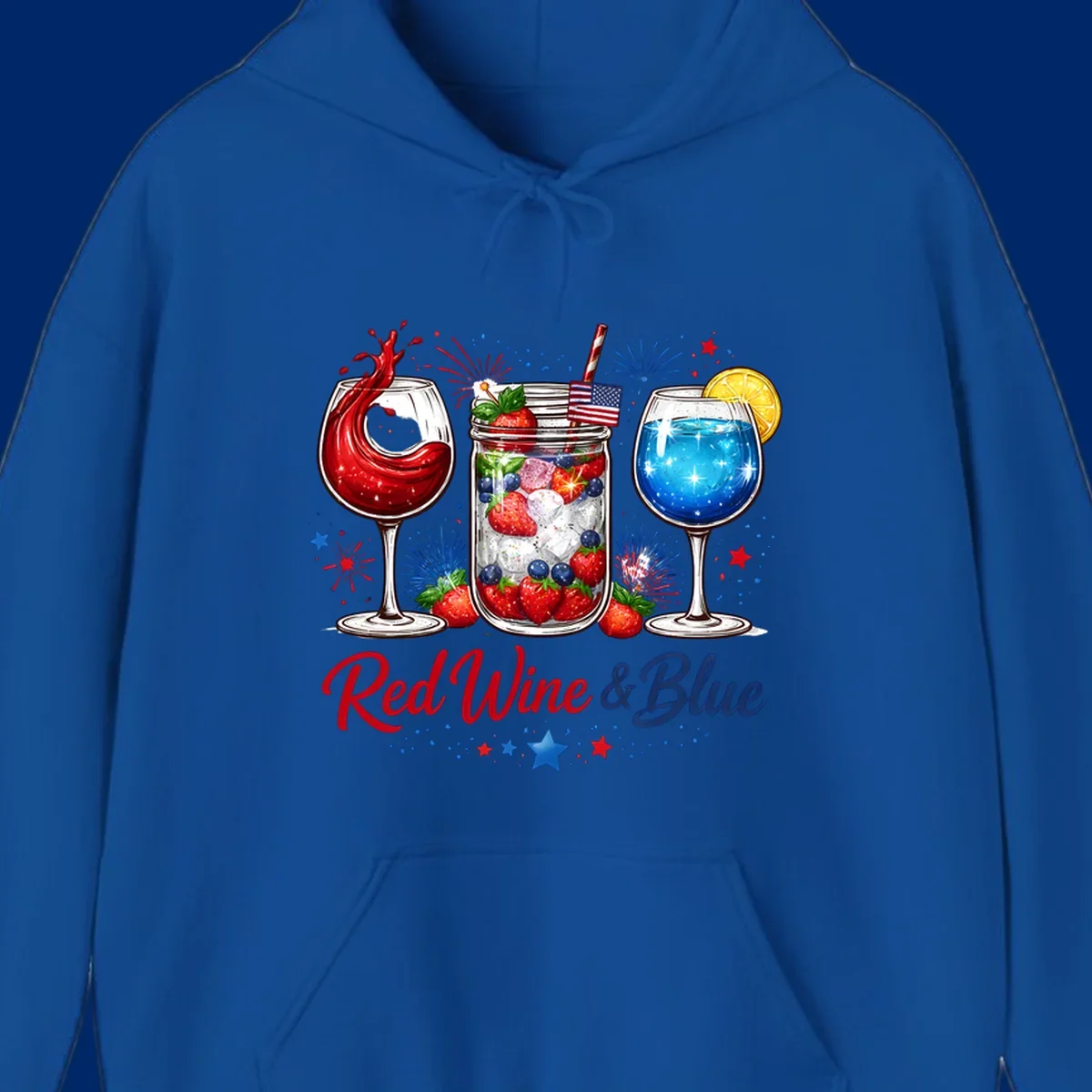 Illustration of red wine, blue cocktail, and a mason jar drink with strawberries and blueberries, set against fireworks and stars, with 'Red Wine & Blue' text. Features red-wine-blue-drinks theme.