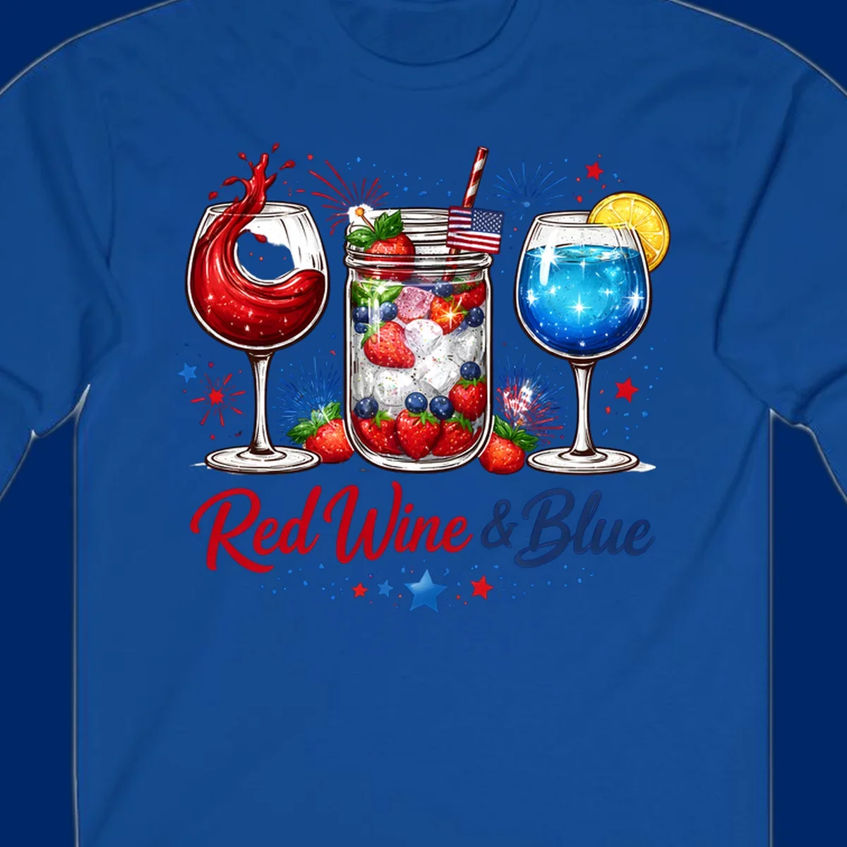 Illustration of red wine, blue cocktail, and a mason jar drink with strawberries and blueberries, set against fireworks and stars, with 'Red Wine & Blue' text. Features red-wine-blue-drinks theme.