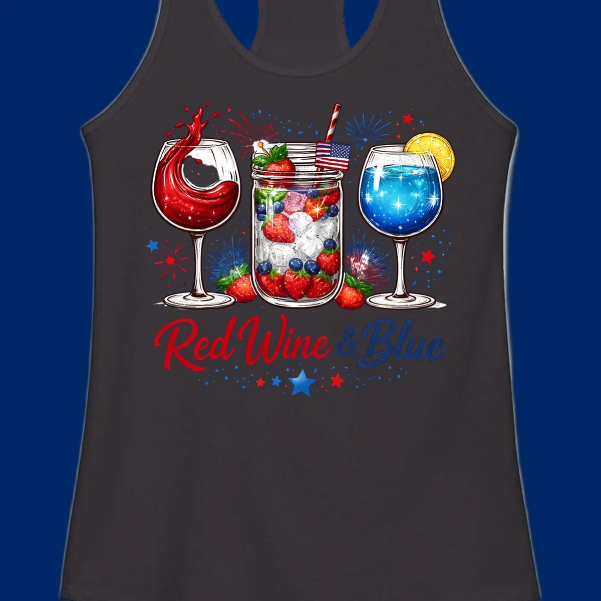 Illustration of red wine, blue cocktail, and a mason jar drink with strawberries and blueberries, set against fireworks and stars, with 'Red Wine & Blue' text. Features red-wine-blue-drinks theme.