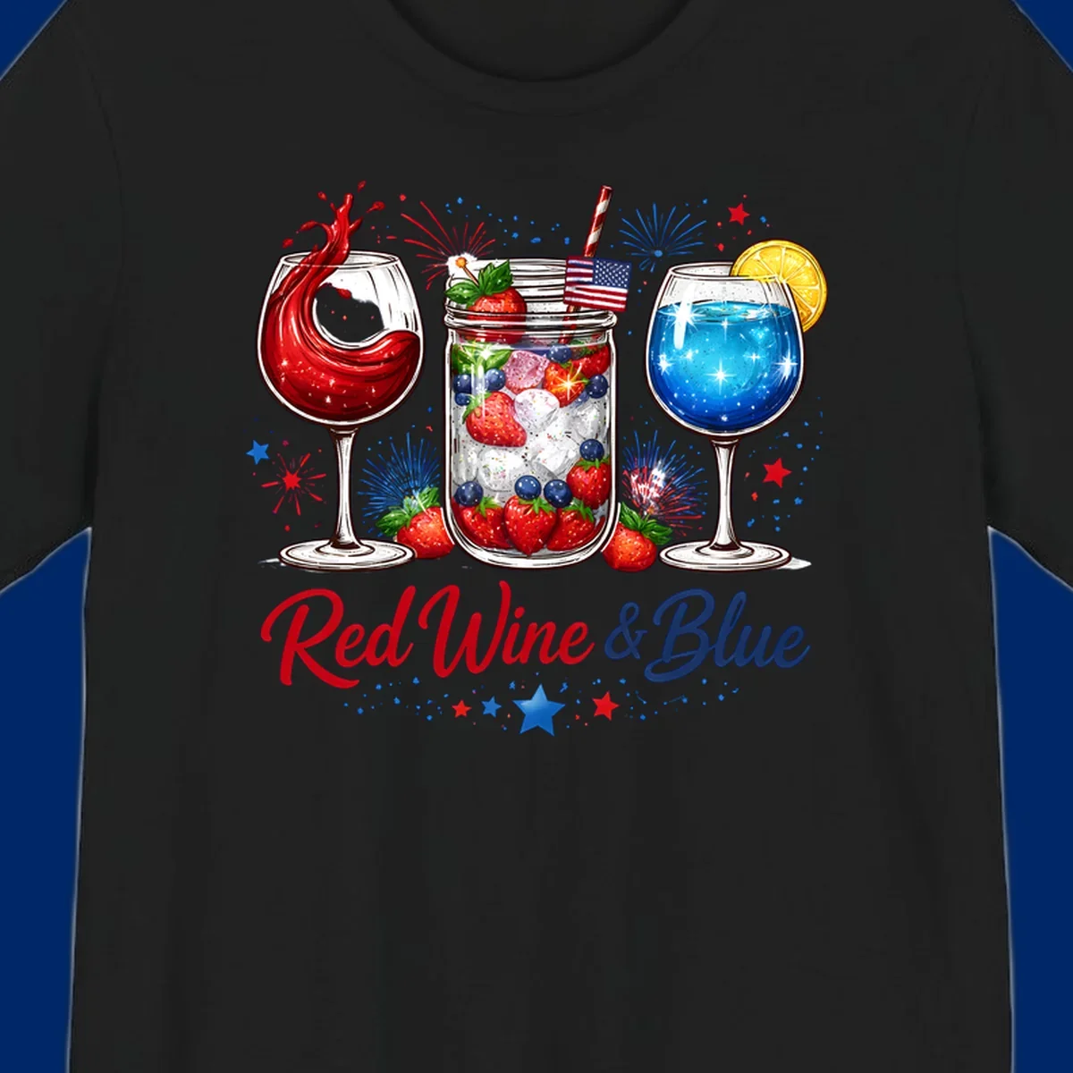 Illustration of red wine, blue cocktail, and a mason jar drink with strawberries and blueberries, set against fireworks and stars, with 'Red Wine & Blue' text. Features red-wine-blue-drinks theme.