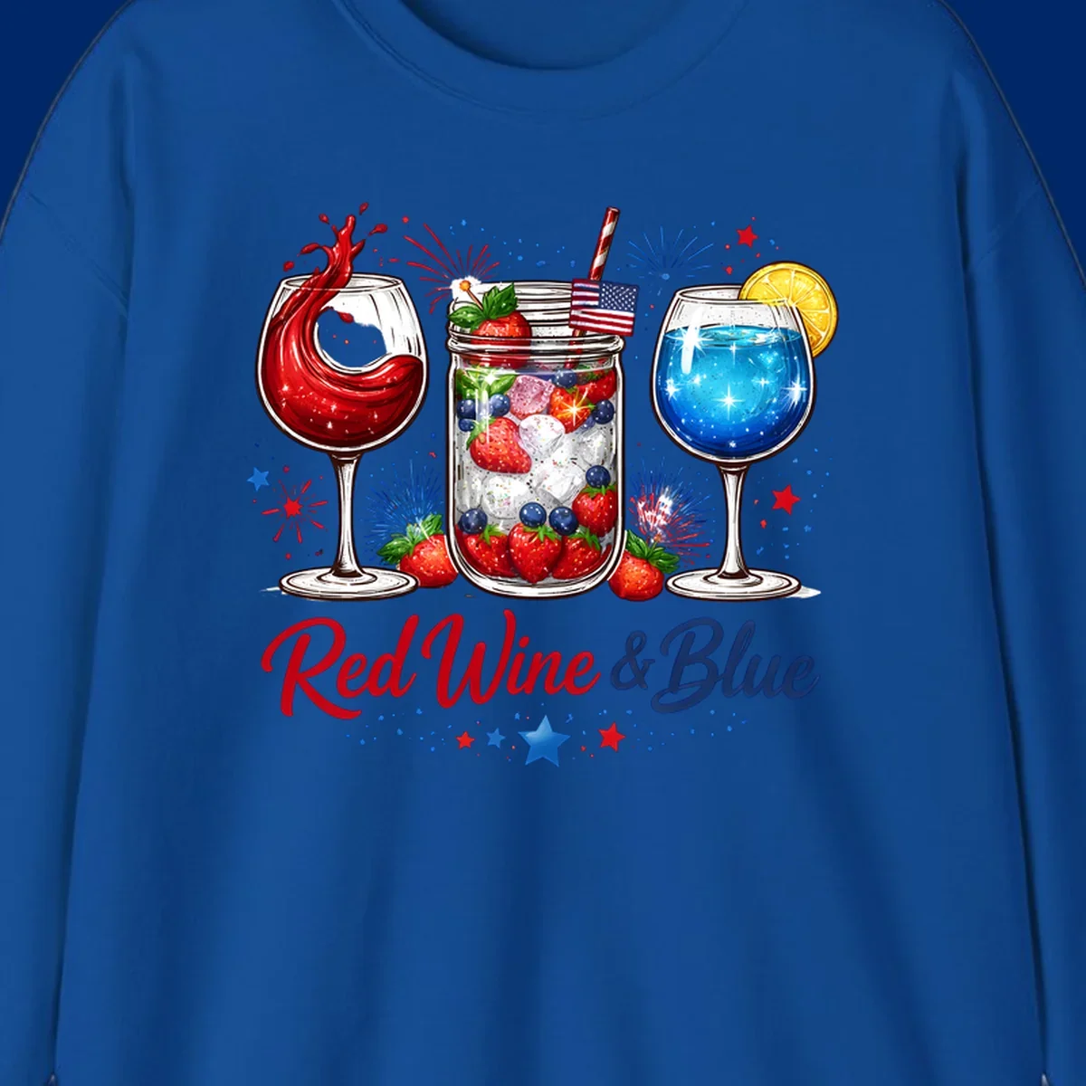 Illustration of red wine, blue cocktail, and a mason jar drink with strawberries and blueberries, set against fireworks and stars, with 'Red Wine & Blue' text. Features red-wine-blue-drinks theme.