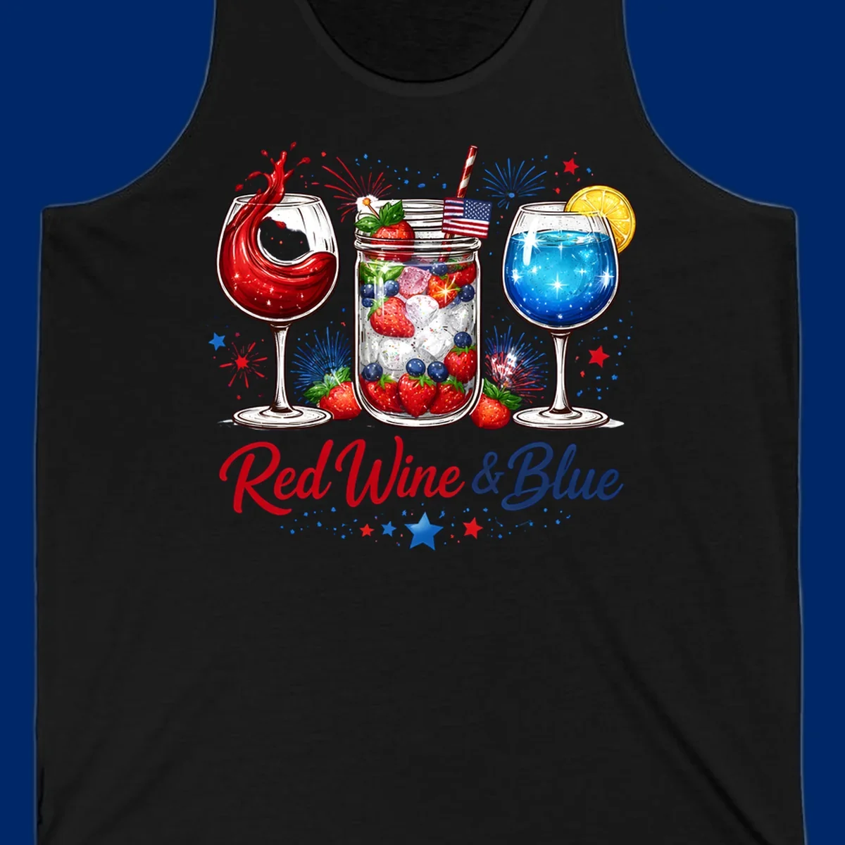 Illustration of red wine, blue cocktail, and a mason jar drink with strawberries and blueberries, set against fireworks and stars, with 'Red Wine & Blue' text. Features red-wine-blue-drinks theme.