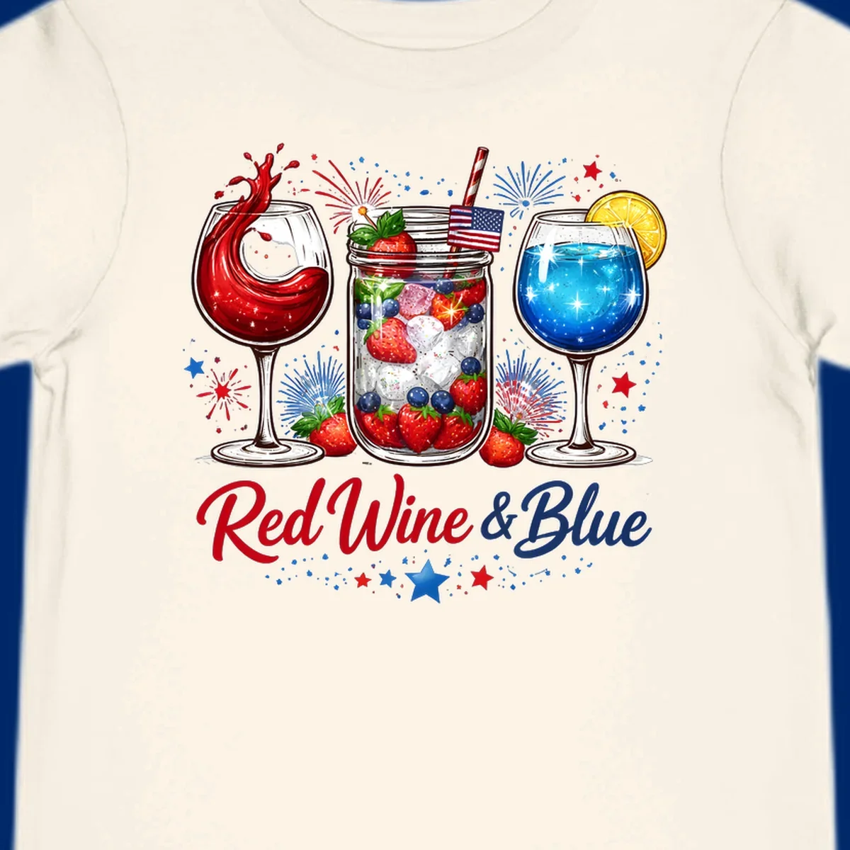 Illustration of red wine, blue cocktail, and a mason jar drink with strawberries and blueberries, set against fireworks and stars, with 'Red Wine & Blue' text. Features red-wine-blue-drinks theme.