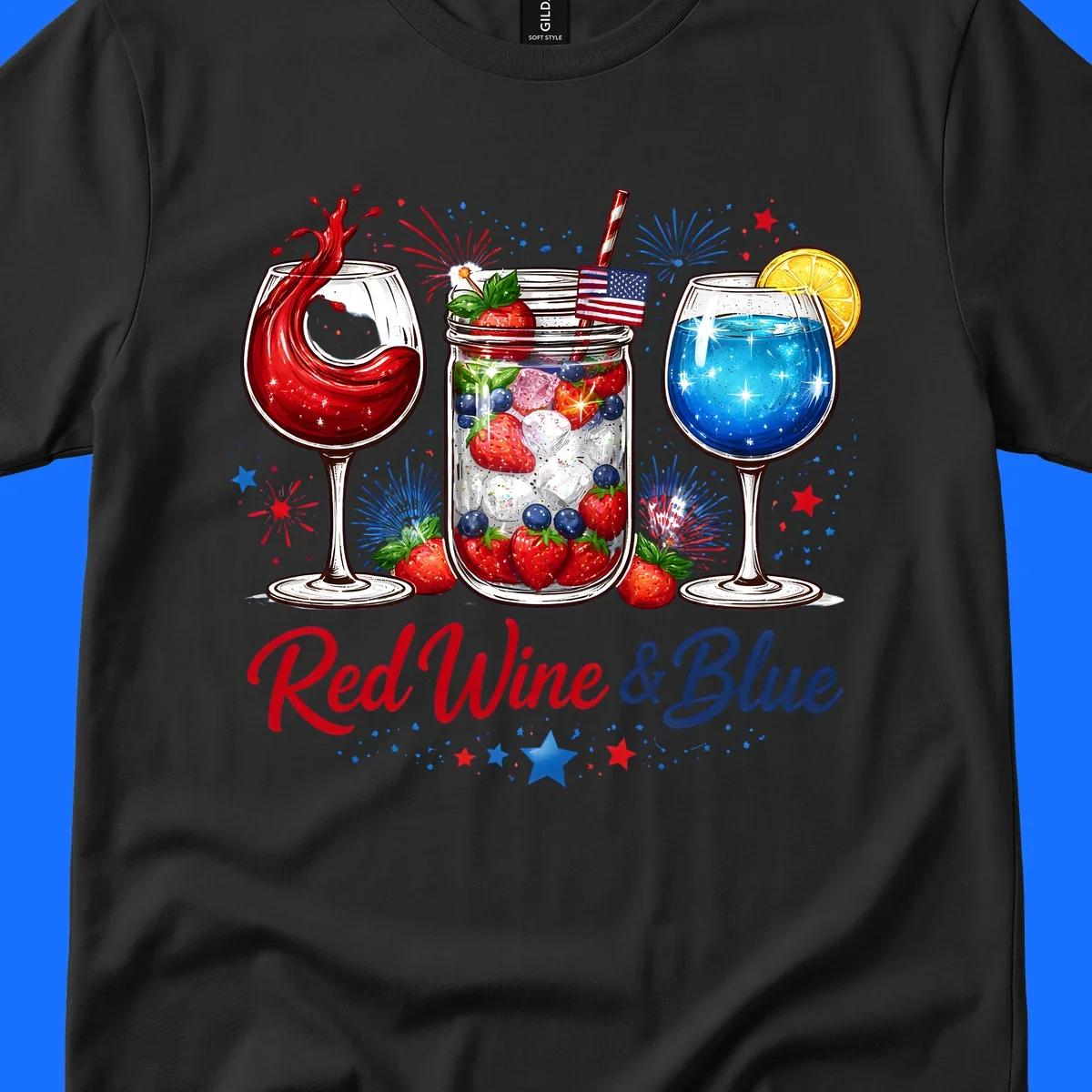 Illustration of red wine, blue cocktail, and a mason jar drink with strawberries and blueberries, set against fireworks and stars, with 'Red Wine & Blue' text. Features red-wine-blue-drinks theme.