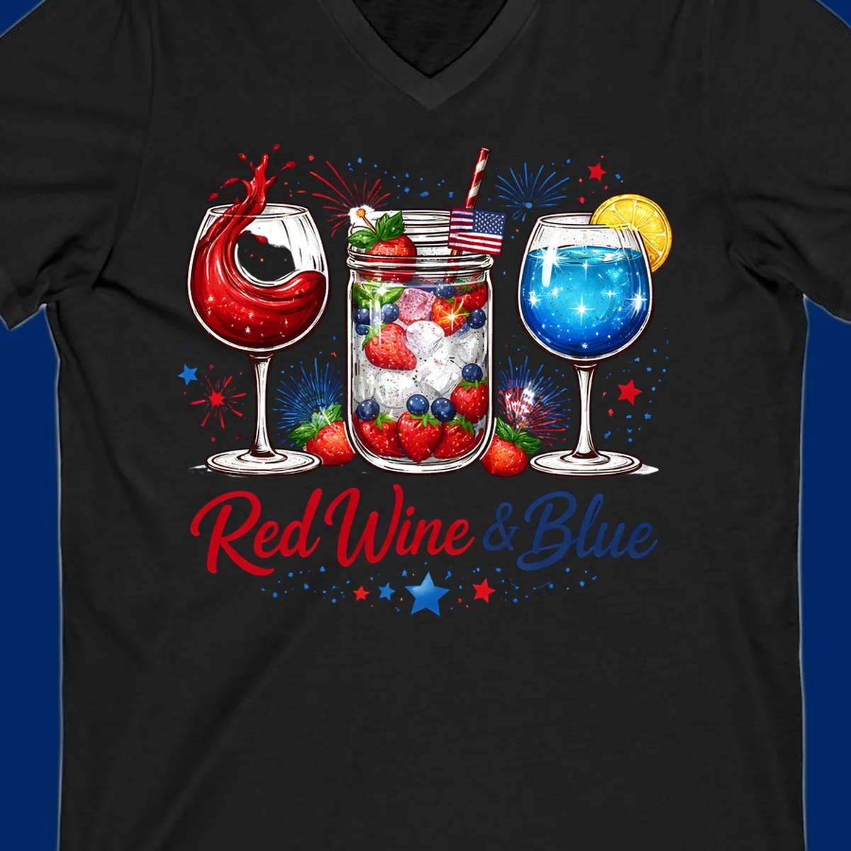 Illustration of red wine, blue cocktail, and a mason jar drink with strawberries and blueberries, set against fireworks and stars, with 'Red Wine & Blue' text. Features red-wine-blue-drinks theme.