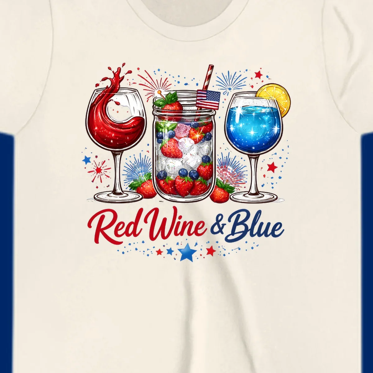 Illustration of red wine, blue cocktail, and a mason jar drink with strawberries and blueberries, set against fireworks and stars, with 'Red Wine & Blue' text. Features red-wine-blue-drinks theme.