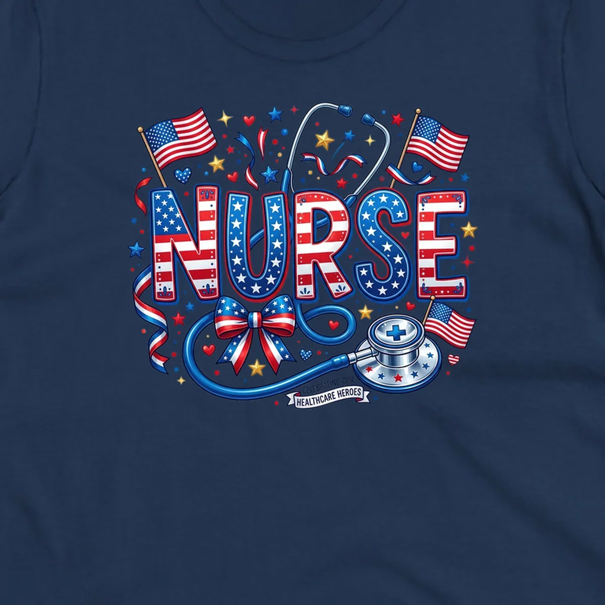 A vibrant patriotic nurse heroes design featuring the word NURSE in red, white, and blue, surrounded by American flags, a stethoscope, stars, and a banner saying 'CELEBRATING OUR HEALTHCARE HEROES'.