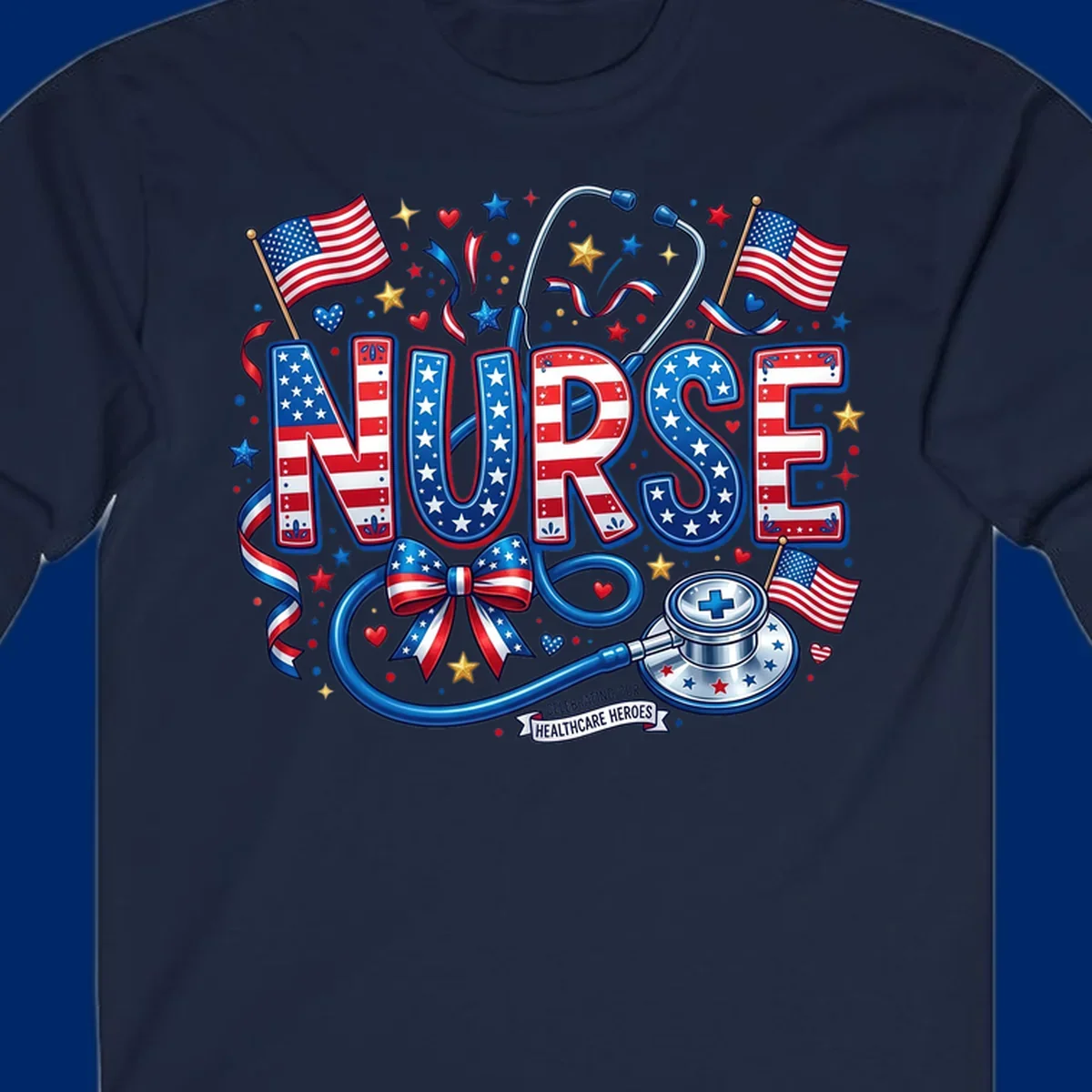 A vibrant patriotic nurse heroes design featuring the word NURSE in red, white, and blue, surrounded by American flags, a stethoscope, stars, and a banner saying 'CELEBRATING OUR HEALTHCARE HEROES'.