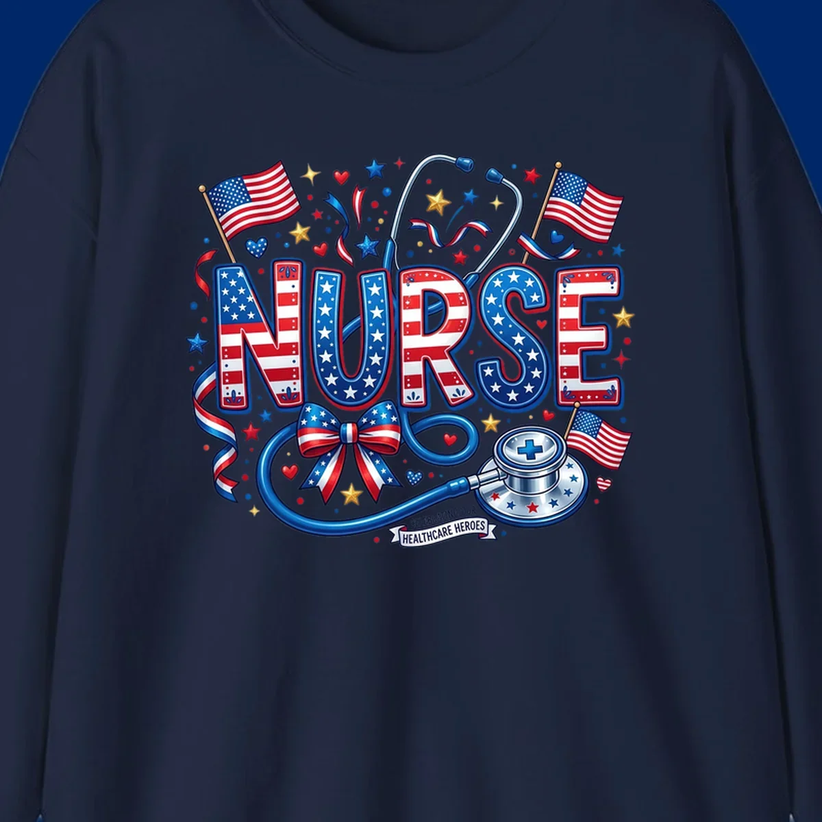 A vibrant patriotic nurse heroes design featuring the word NURSE in red, white, and blue, surrounded by American flags, a stethoscope, stars, and a banner saying 'CELEBRATING OUR HEALTHCARE HEROES'.