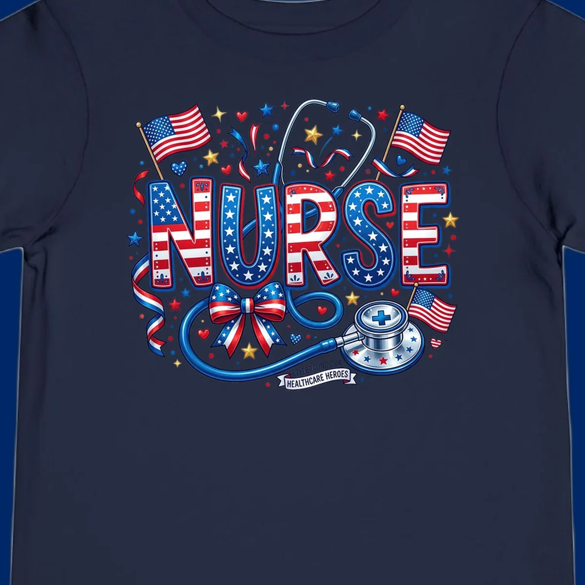 A vibrant patriotic nurse heroes design featuring the word NURSE in red, white, and blue, surrounded by American flags, a stethoscope, stars, and a banner saying 'CELEBRATING OUR HEALTHCARE HEROES'.