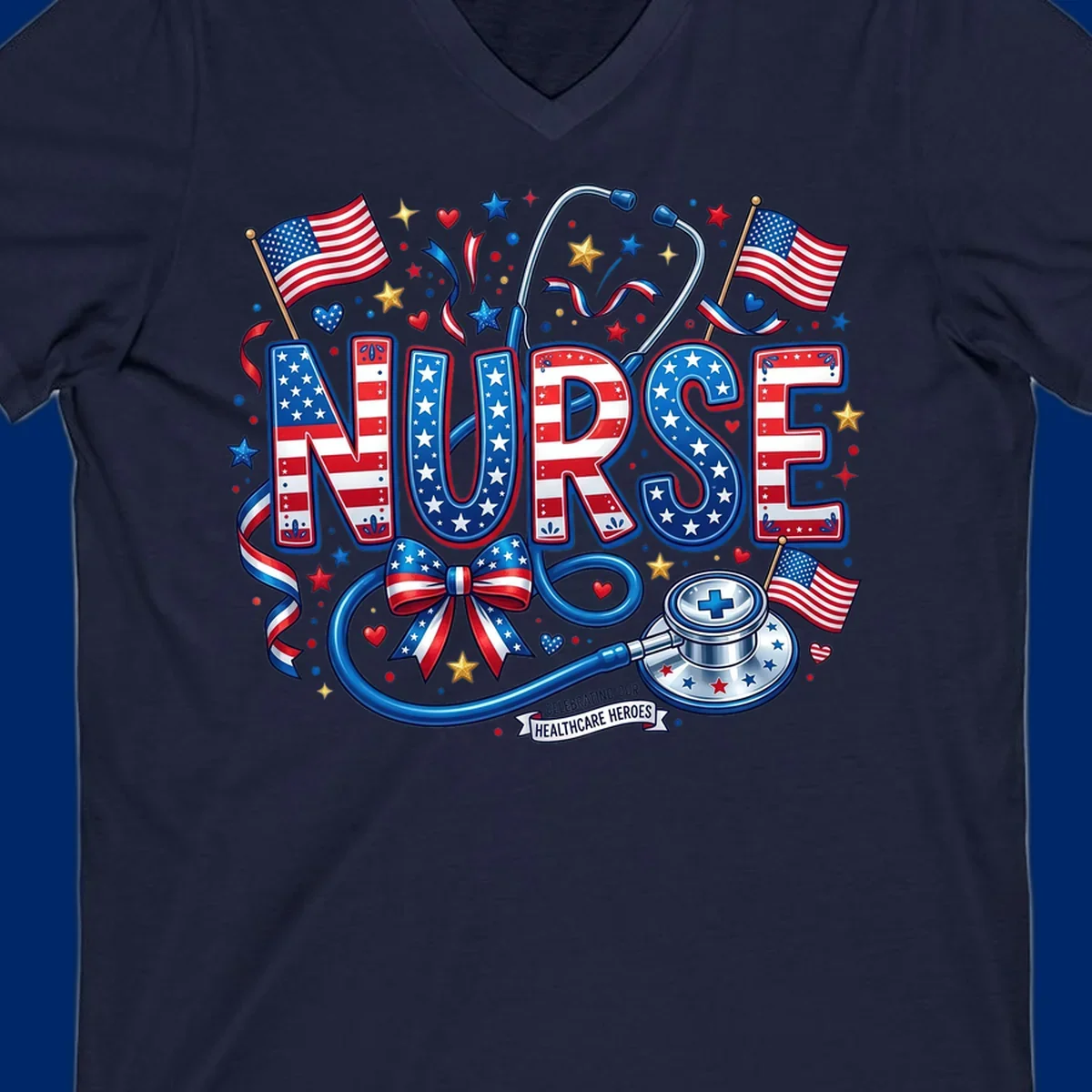 A vibrant patriotic nurse heroes design featuring the word NURSE in red, white, and blue, surrounded by American flags, a stethoscope, stars, and a banner saying 'CELEBRATING OUR HEALTHCARE HEROES'.