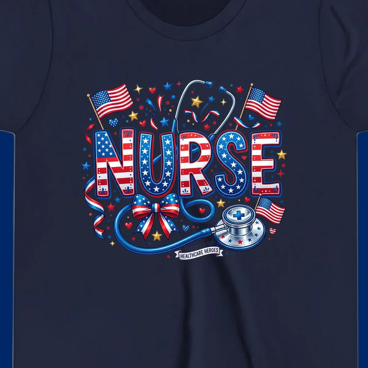 A vibrant patriotic nurse heroes design featuring the word NURSE in red, white, and blue, surrounded by American flags, a stethoscope, stars, and a banner saying 'CELEBRATING OUR HEALTHCARE HEROES'.
