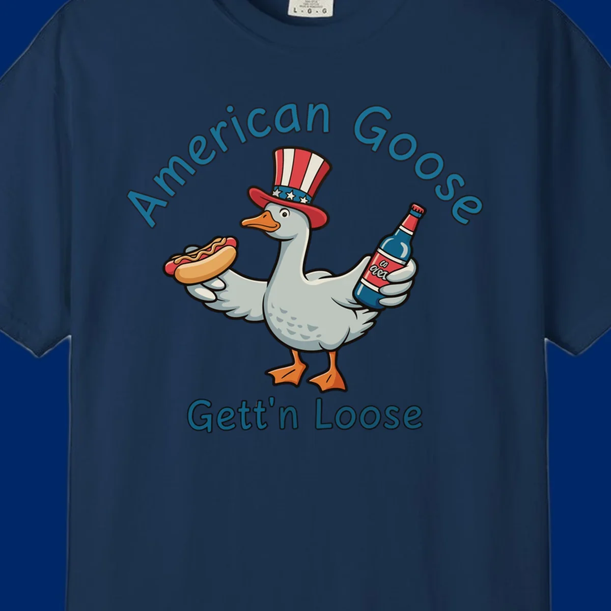 A cartoon goose wearing an Uncle Sam hat holds a hot dog and a bottle, with "American Goose Gett'n Loose" text.
