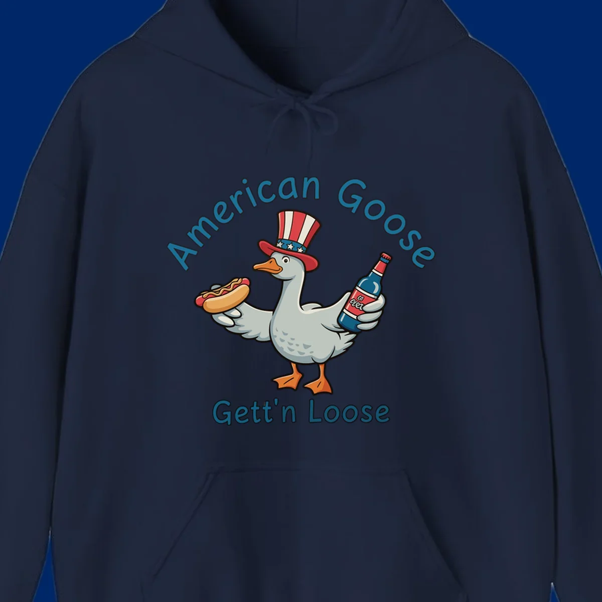A cartoon goose wearing an Uncle Sam hat holds a hot dog and a bottle, with "American Goose Gett'n Loose" text.