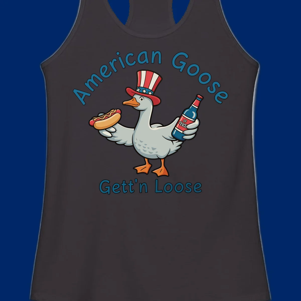A cartoon goose wearing an Uncle Sam hat holds a hot dog and a bottle, with "American Goose Gett'n Loose" text.