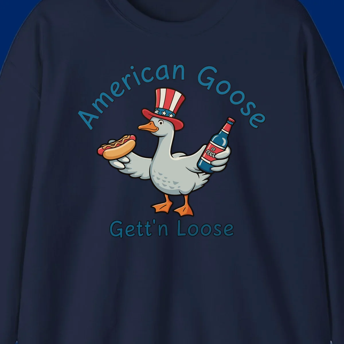 A cartoon goose wearing an Uncle Sam hat holds a hot dog and a bottle, with "American Goose Gett'n Loose" text.