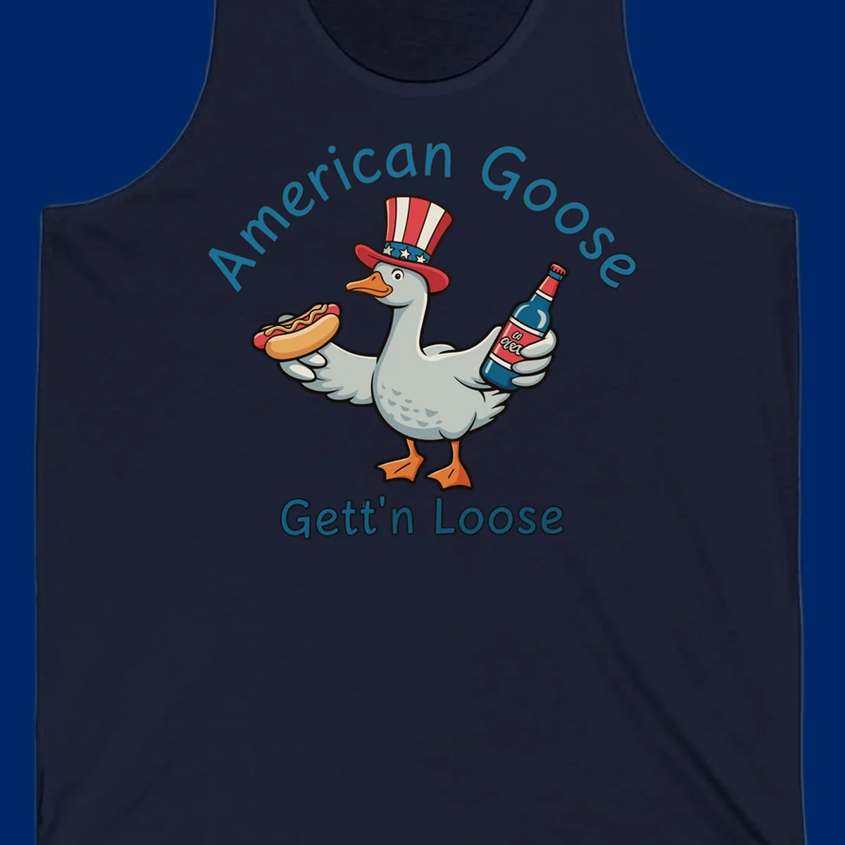 A cartoon goose wearing an Uncle Sam hat holds a hot dog and a bottle, with "American Goose Gett'n Loose" text.