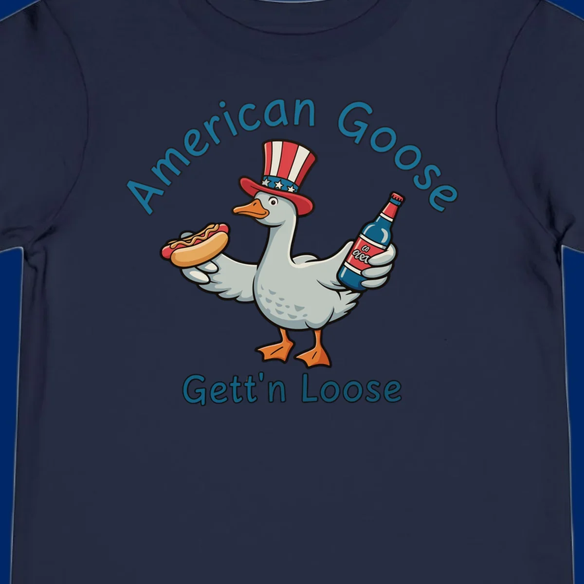 A cartoon goose wearing an Uncle Sam hat holds a hot dog and a bottle, with "American Goose Gett'n Loose" text.