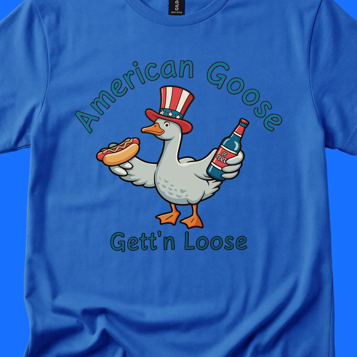 A cartoon goose wearing an Uncle Sam hat holds a hot dog and a bottle, with "American Goose Gett'n Loose" text.