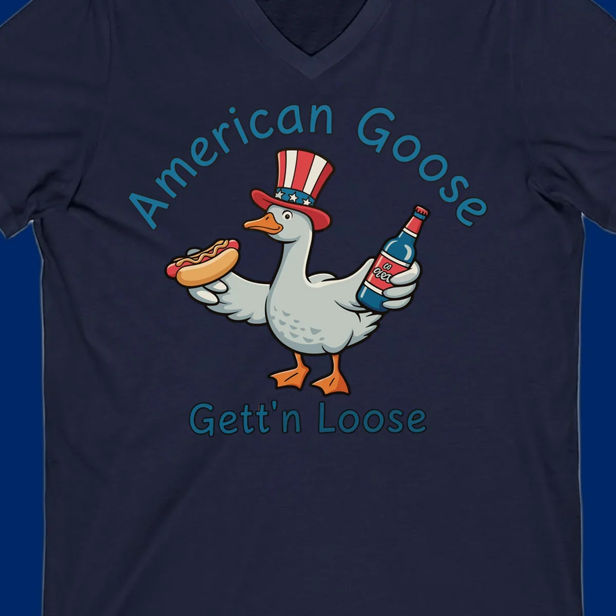 A cartoon goose wearing an Uncle Sam hat holds a hot dog and a bottle, with "American Goose Gett'n Loose" text.