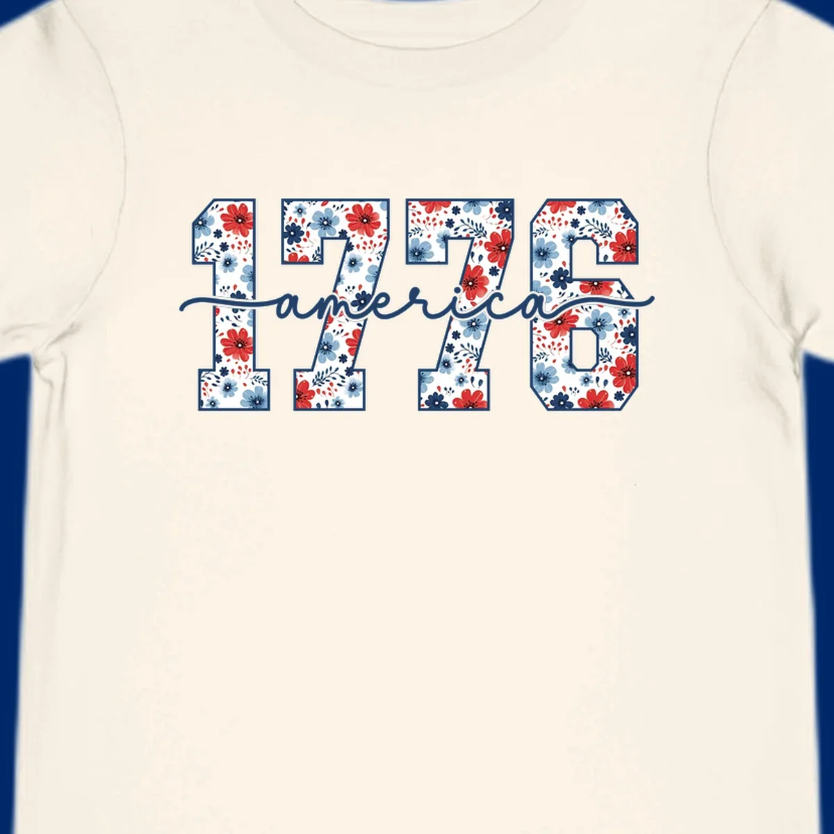A design featuring the year 1776 with red and blue floral patterns inside each number, and the word 'america' in script below. The 1776-america-floral design is outlined in dark blue.