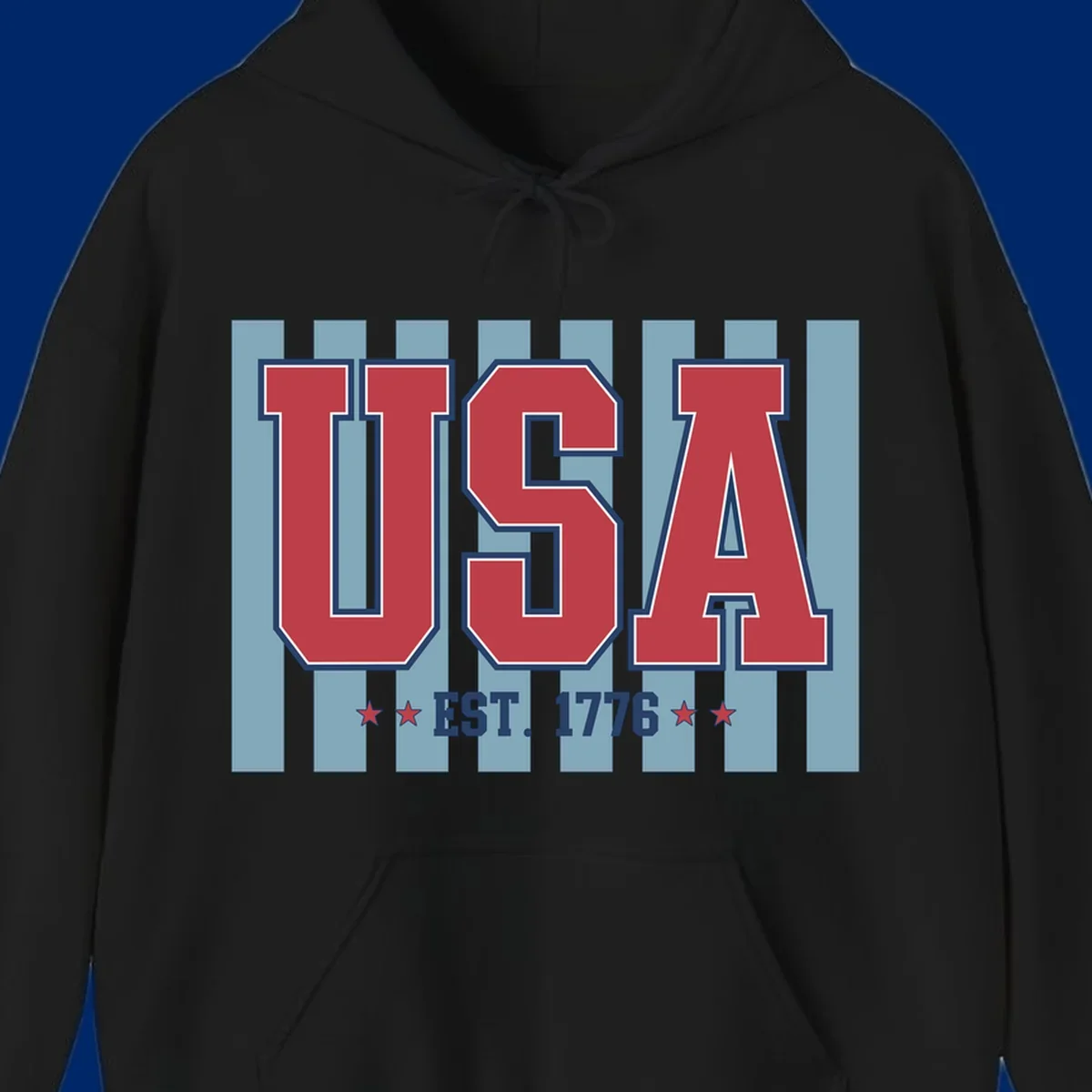 A patriotic design with large red 'USA' letters and 'EST. 1776' text, flanked by stars, against a striped background. usa-1776-founding-heritage.