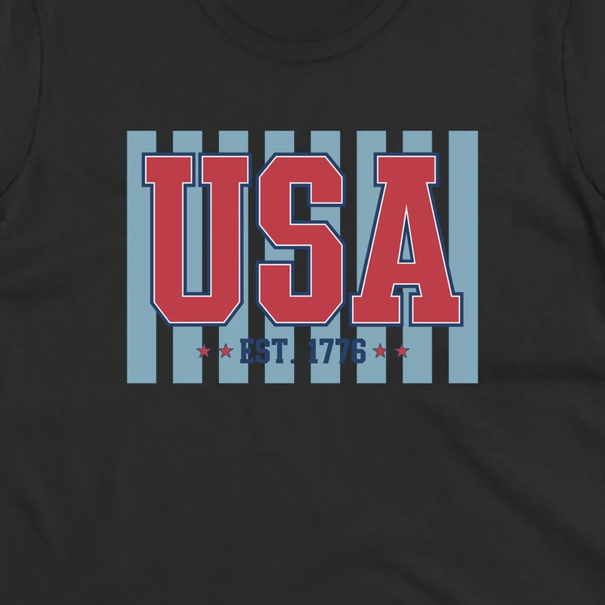 A patriotic design with large red 'USA' letters and 'EST. 1776' text, flanked by stars, against a striped background. usa-1776-founding-heritage.