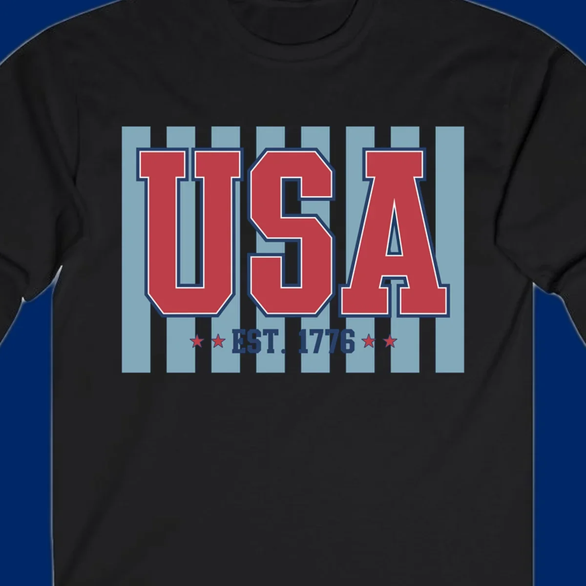 A patriotic design with large red 'USA' letters and 'EST. 1776' text, flanked by stars, against a striped background. usa-1776-founding-heritage.