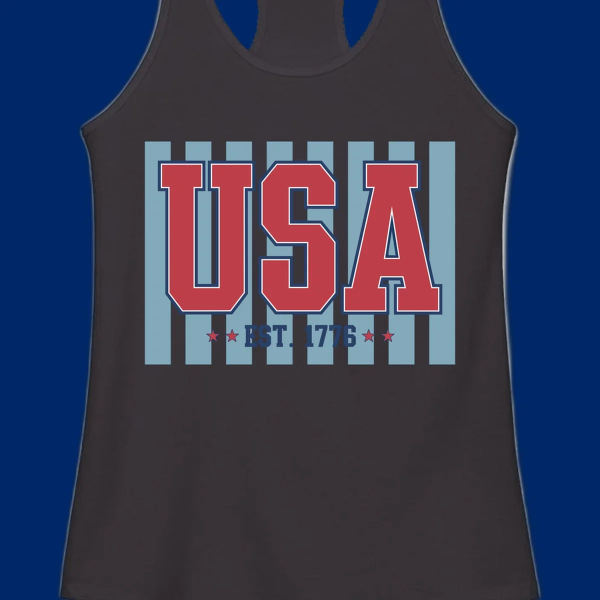A patriotic design with large red 'USA' letters and 'EST. 1776' text, flanked by stars, against a striped background. usa-1776-founding-heritage.