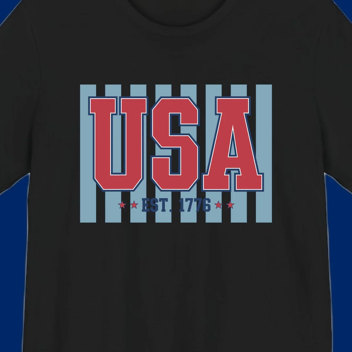 A patriotic design with large red 'USA' letters and 'EST. 1776' text, flanked by stars, against a striped background. usa-1776-founding-heritage.