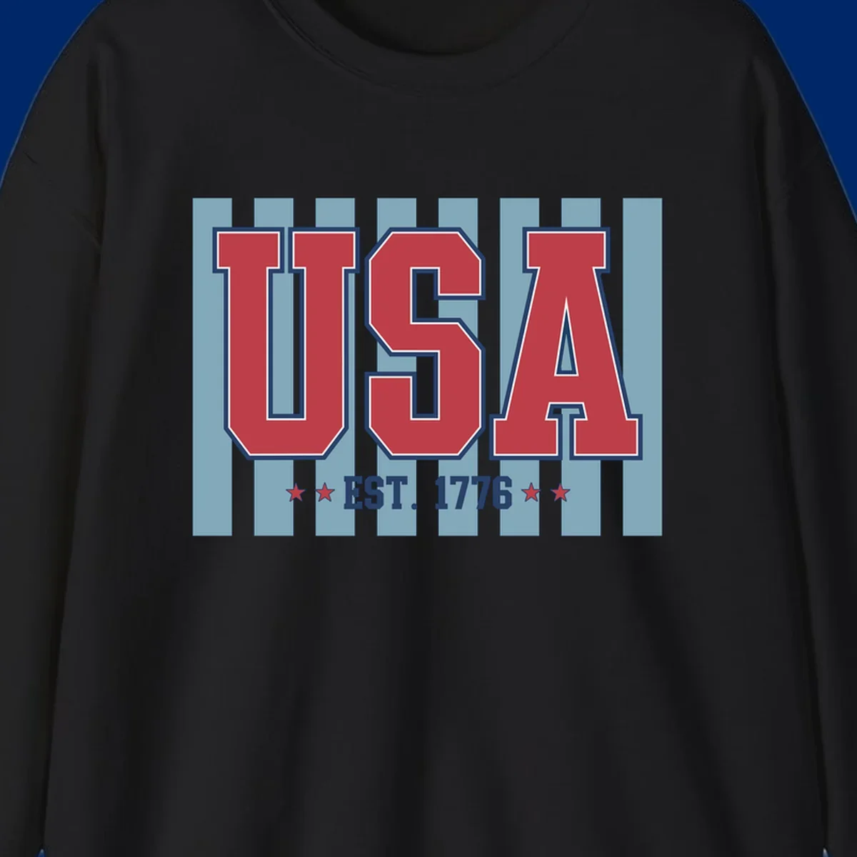 A patriotic design with large red 'USA' letters and 'EST. 1776' text, flanked by stars, against a striped background. usa-1776-founding-heritage.
