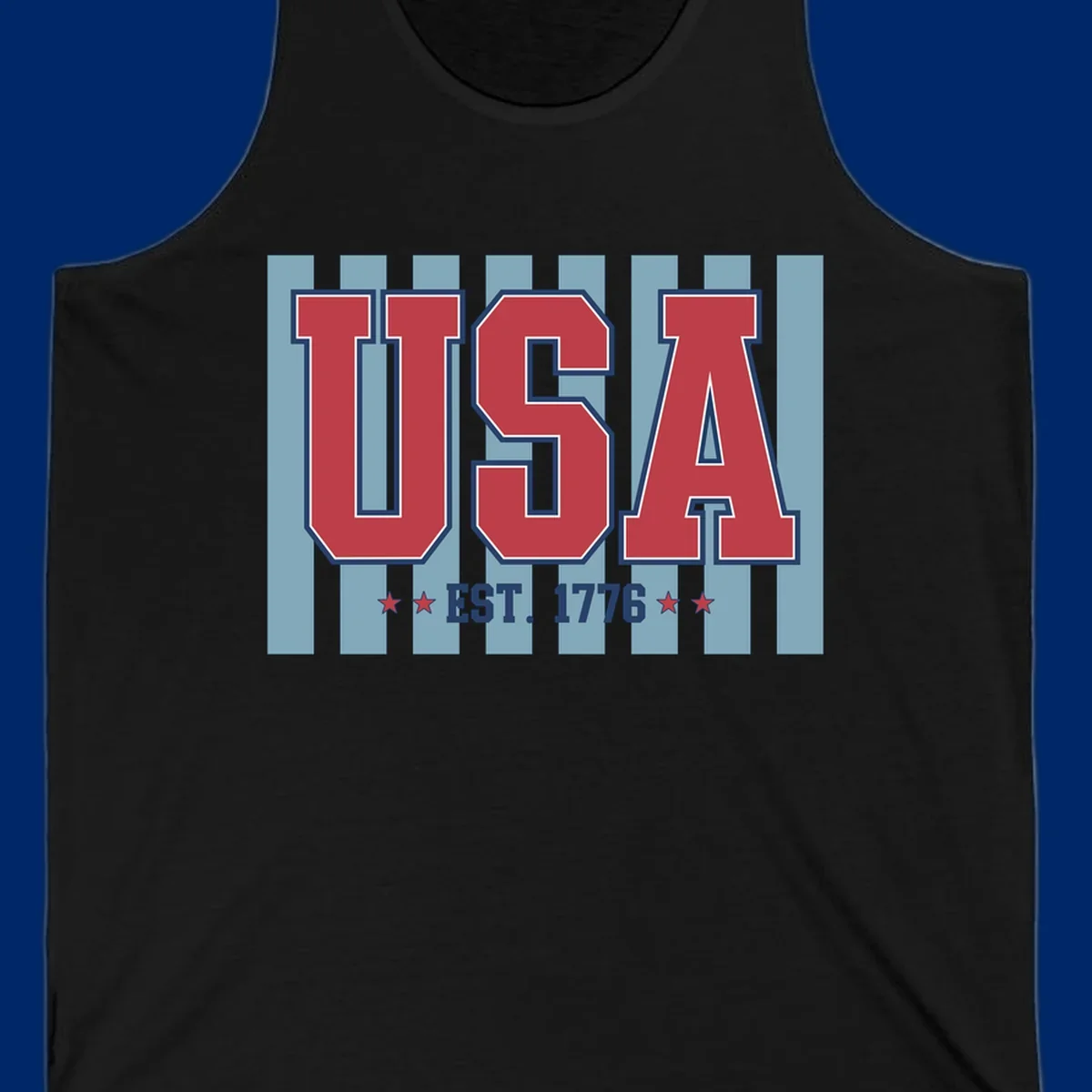 A patriotic design with large red 'USA' letters and 'EST. 1776' text, flanked by stars, against a striped background. usa-1776-founding-heritage.