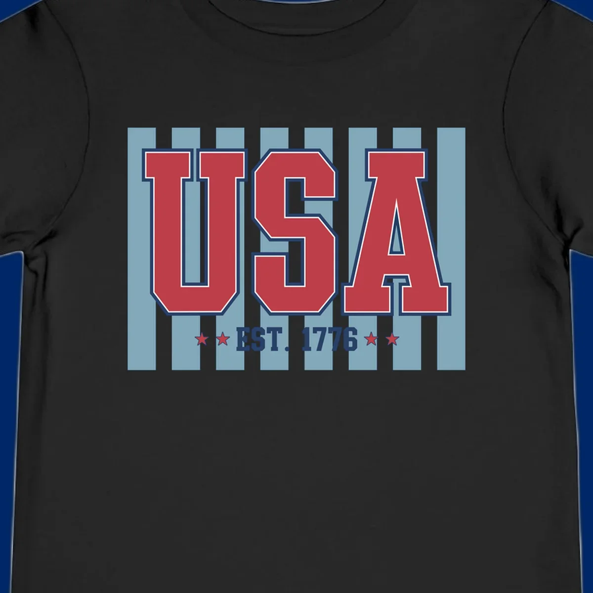 A patriotic design with large red 'USA' letters and 'EST. 1776' text, flanked by stars, against a striped background. usa-1776-founding-heritage.