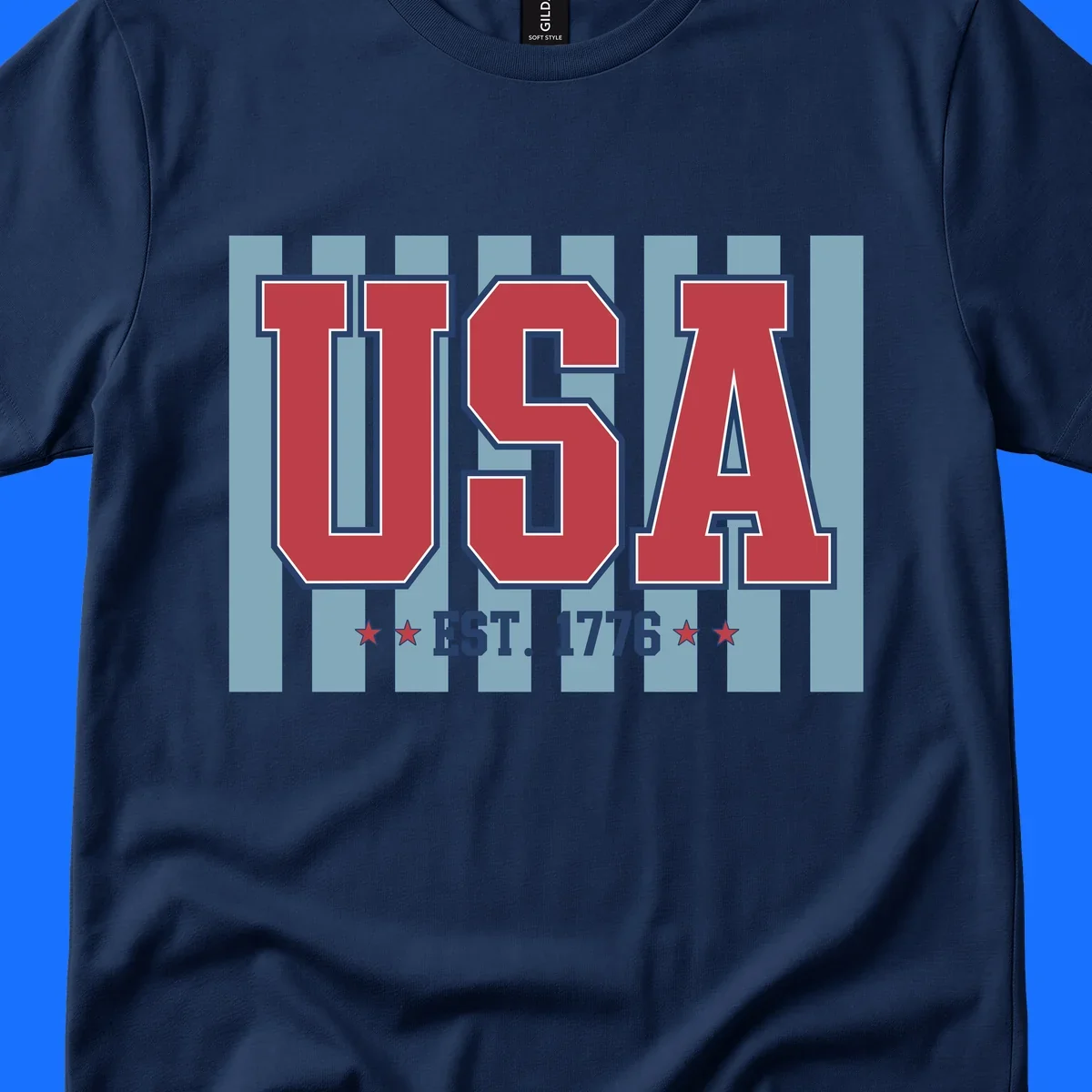 A patriotic design with large red 'USA' letters and 'EST. 1776' text, flanked by stars, against a striped background. usa-1776-founding-heritage.