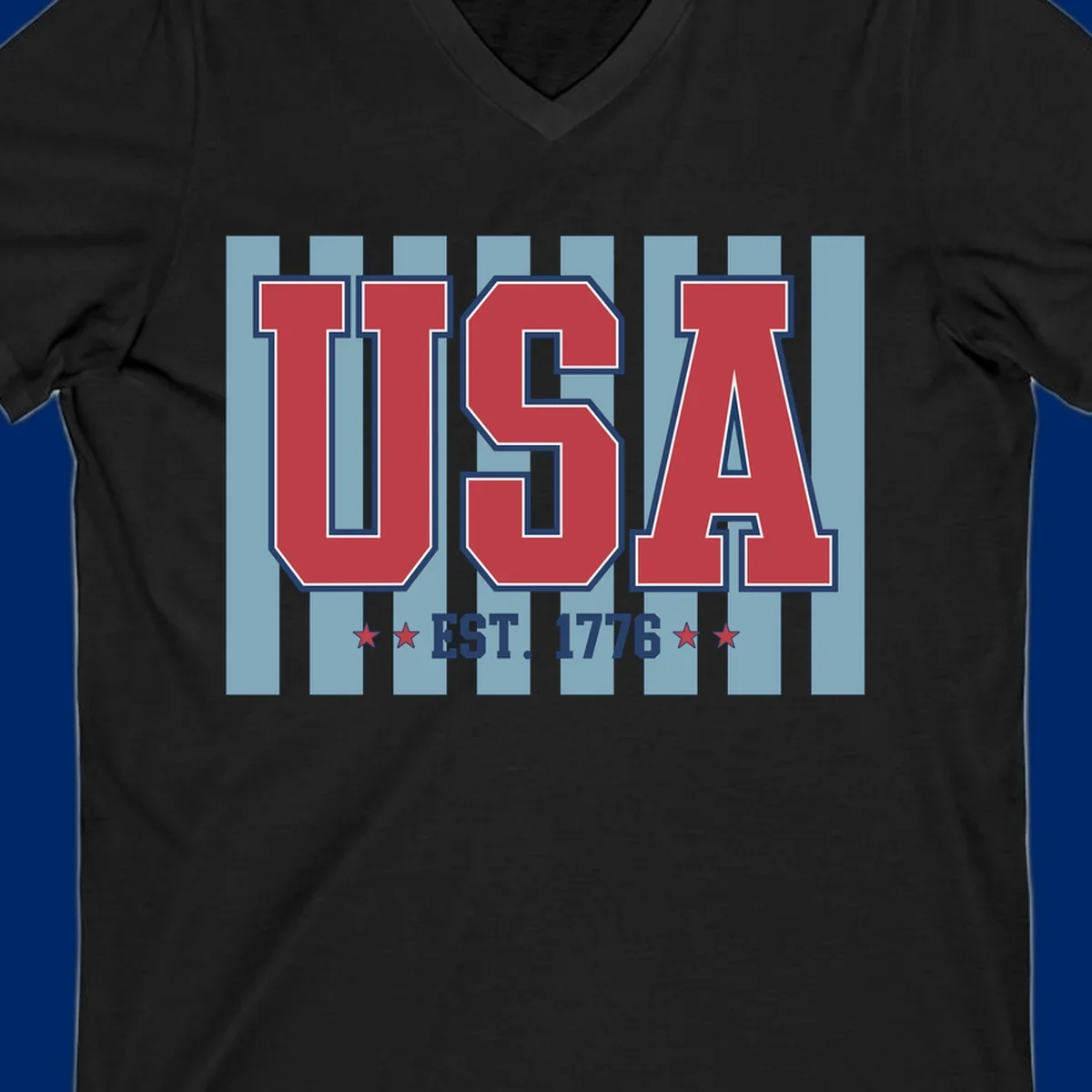 A patriotic design with large red 'USA' letters and 'EST. 1776' text, flanked by stars, against a striped background. usa-1776-founding-heritage.