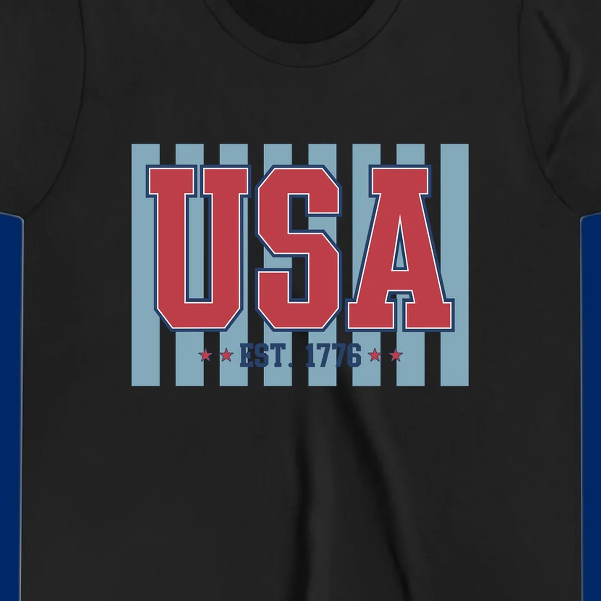 A patriotic design with large red 'USA' letters and 'EST. 1776' text, flanked by stars, against a striped background. usa-1776-founding-heritage.