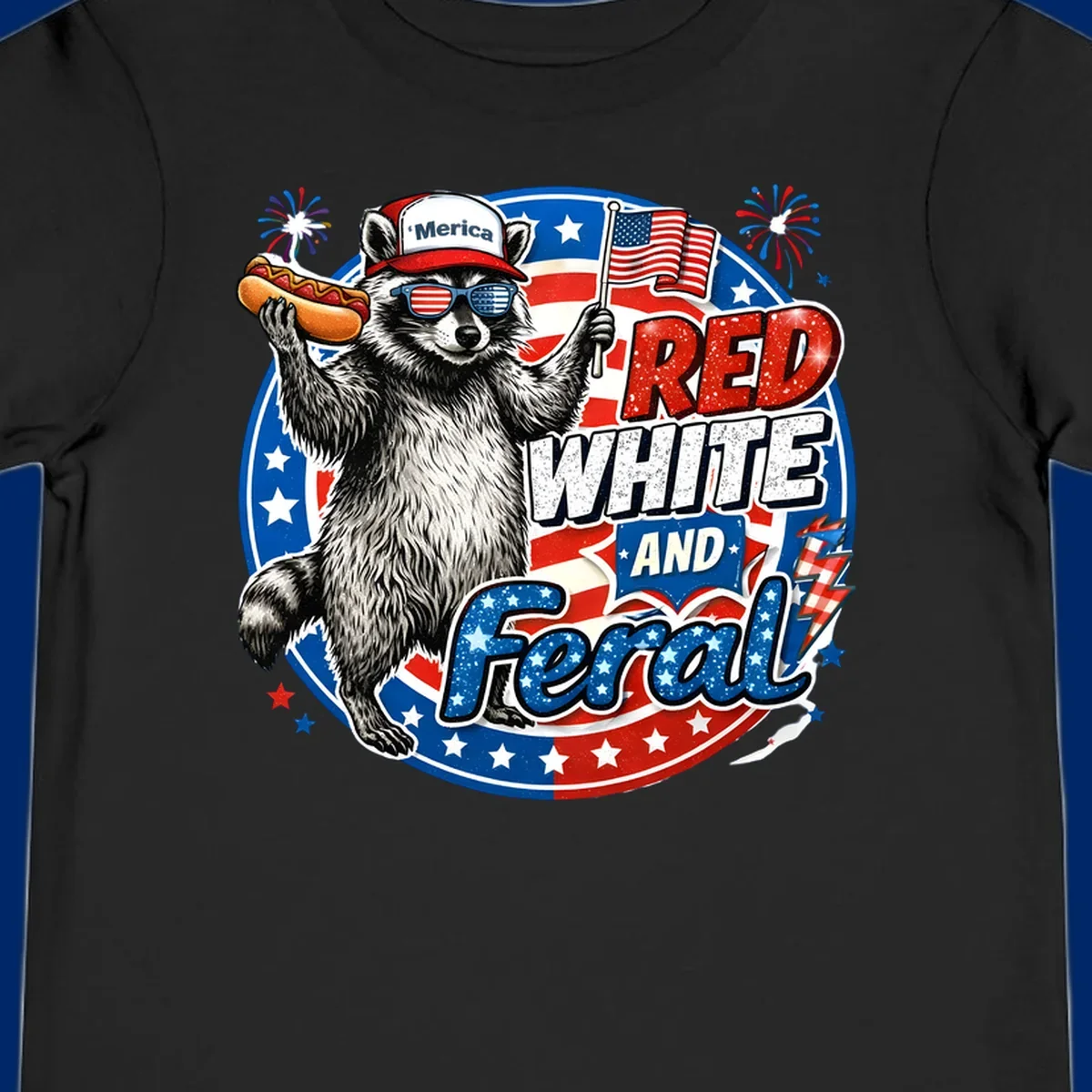 A patriotic-raccoon-feral illustration of a raccoon in a 'Merica hat, flag sunglasses, holding a hotdog and US flag. Text: RED WHITE AND Feral.