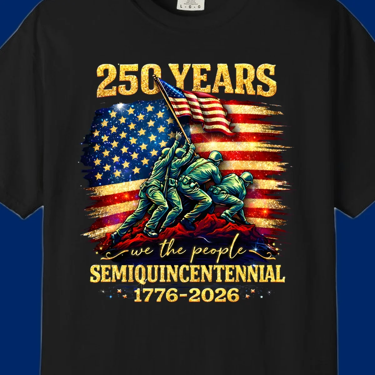 Illustrated design for America's 250th anniversary featuring soldiers raising a glittery American flag and 'we the people' text; america-250th-flag-raising.