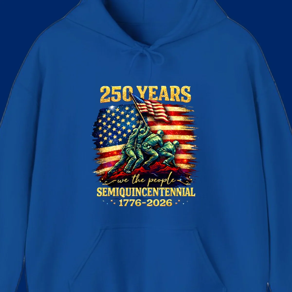 Illustrated design for America's 250th anniversary featuring soldiers raising a glittery American flag and 'we the people' text; america-250th-flag-raising.