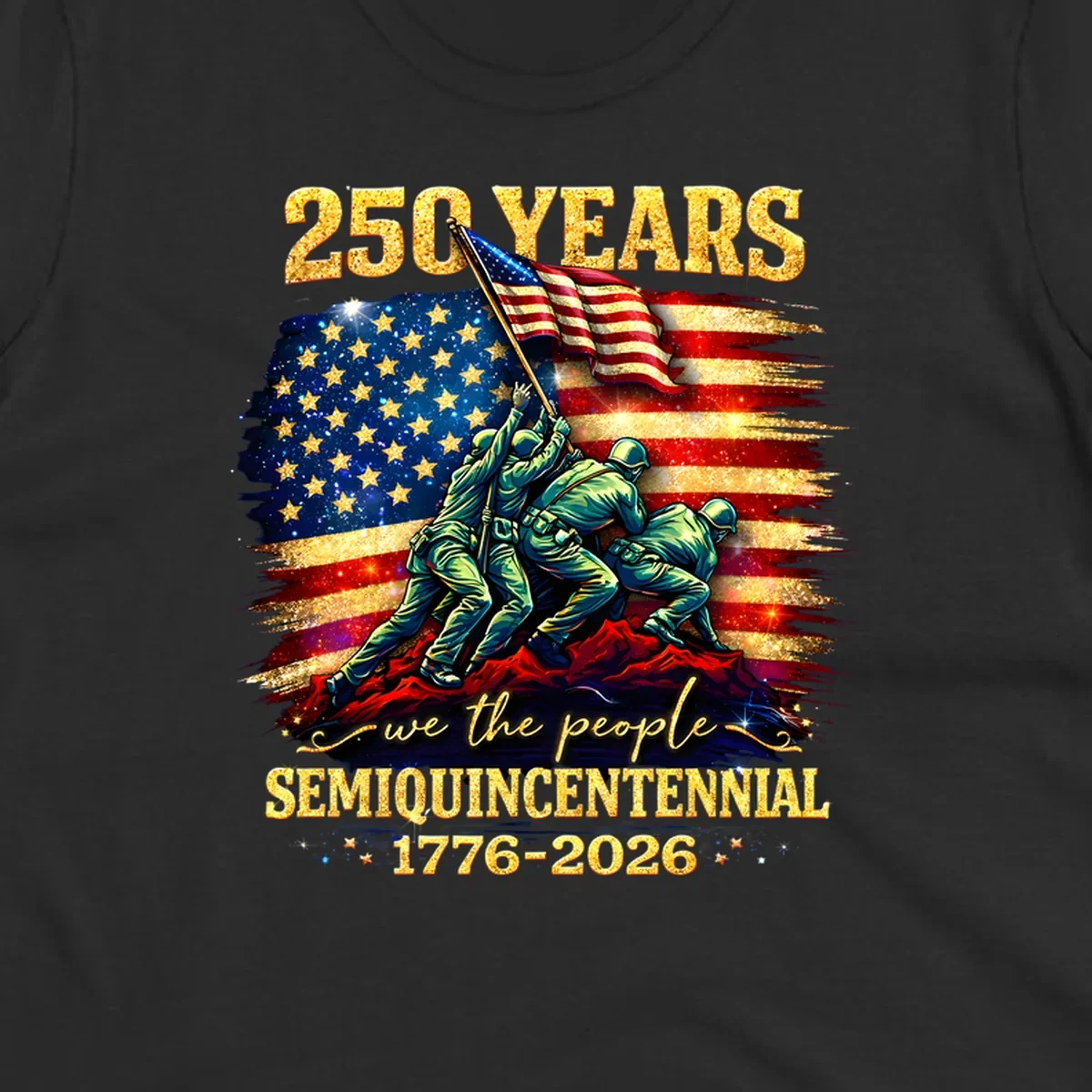 Illustrated design for America's 250th anniversary featuring soldiers raising a glittery American flag and 'we the people' text; america-250th-flag-raising.