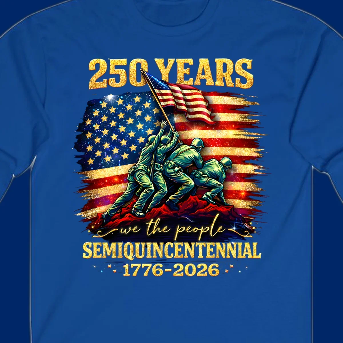 Illustrated design for America's 250th anniversary featuring soldiers raising a glittery American flag and 'we the people' text; america-250th-flag-raising.