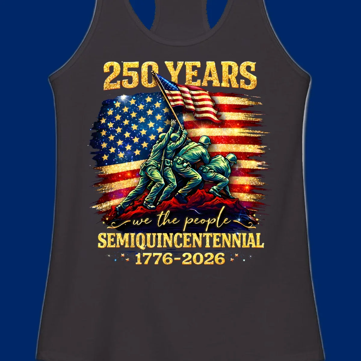 Illustrated design for America's 250th anniversary featuring soldiers raising a glittery American flag and 'we the people' text; america-250th-flag-raising.