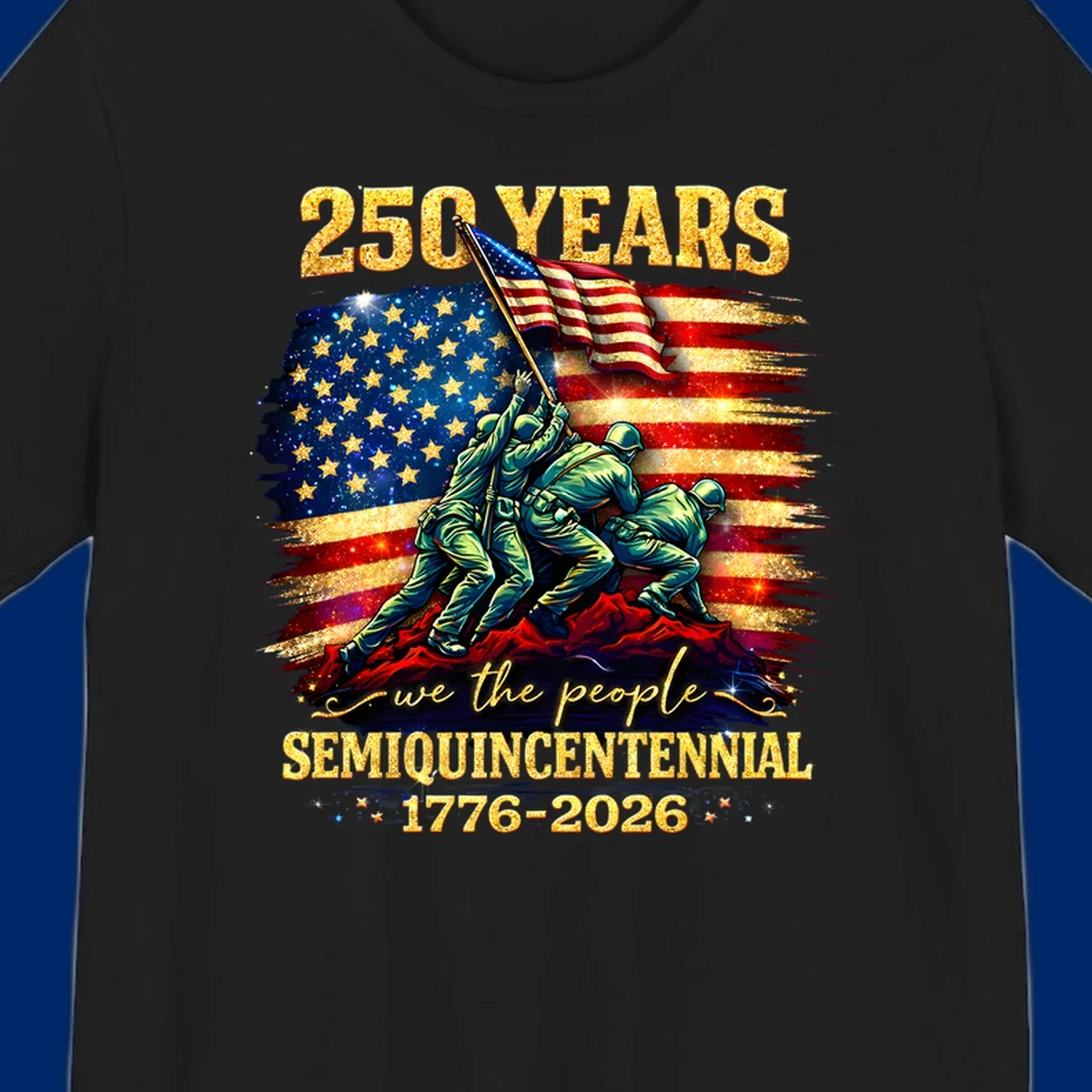 Illustrated design for America's 250th anniversary featuring soldiers raising a glittery American flag and 'we the people' text; america-250th-flag-raising.