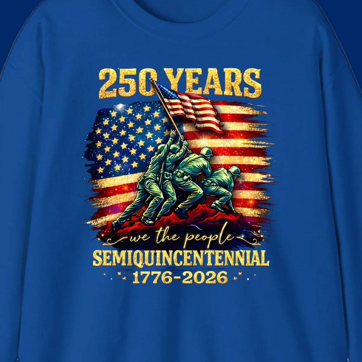 Illustrated design for America's 250th anniversary featuring soldiers raising a glittery American flag and 'we the people' text; america-250th-flag-raising.
