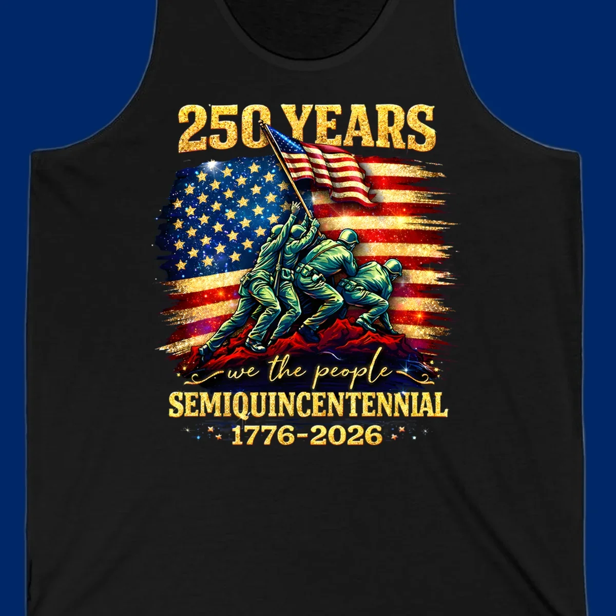 Illustrated design for America's 250th anniversary featuring soldiers raising a glittery American flag and 'we the people' text; america-250th-flag-raising.