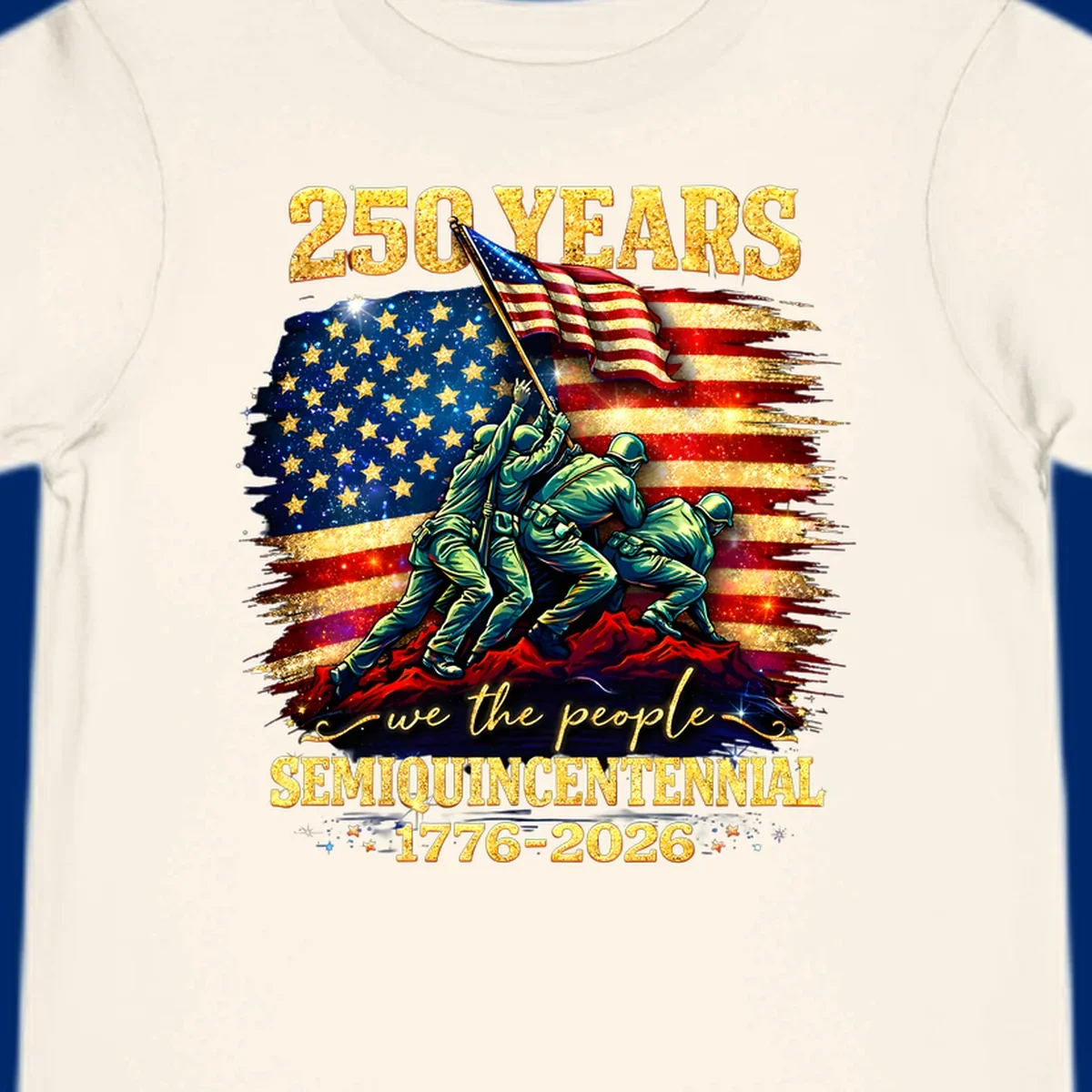 Illustrated design for America's 250th anniversary featuring soldiers raising a glittery American flag and 'we the people' text; america-250th-flag-raising.