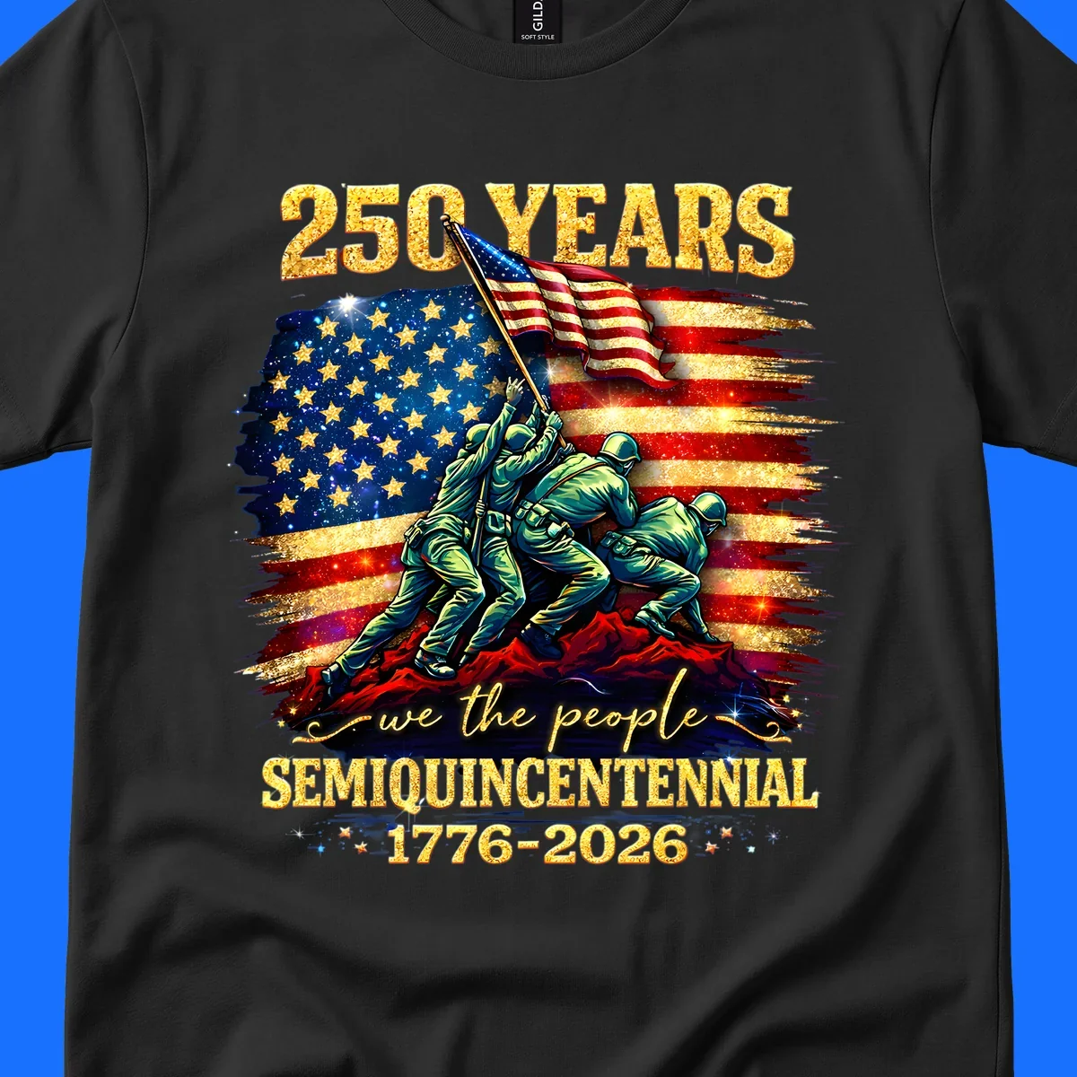 Illustrated design for America's 250th anniversary featuring soldiers raising a glittery American flag and 'we the people' text; america-250th-flag-raising.
