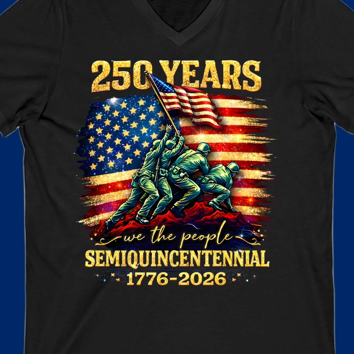 Illustrated design for America's 250th anniversary featuring soldiers raising a glittery American flag and 'we the people' text; america-250th-flag-raising.