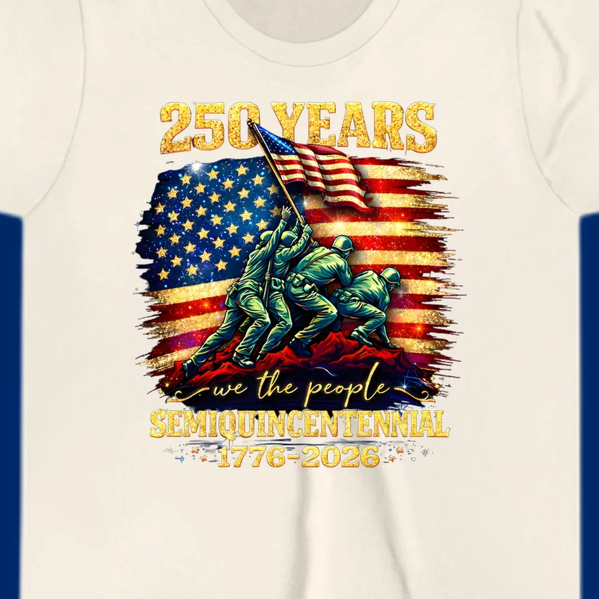 Illustrated design for America's 250th anniversary featuring soldiers raising a glittery American flag and 'we the people' text; america-250th-flag-raising.
