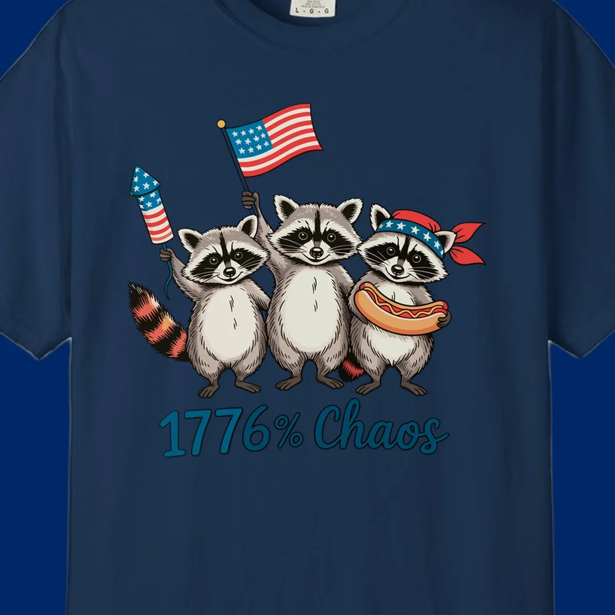 Illustration of three patriotic raccoons celebrating with an American flag, firework, and hot dog, with '1776% Chaos' text. Represents 1776-chaos-raccoons-celebration.